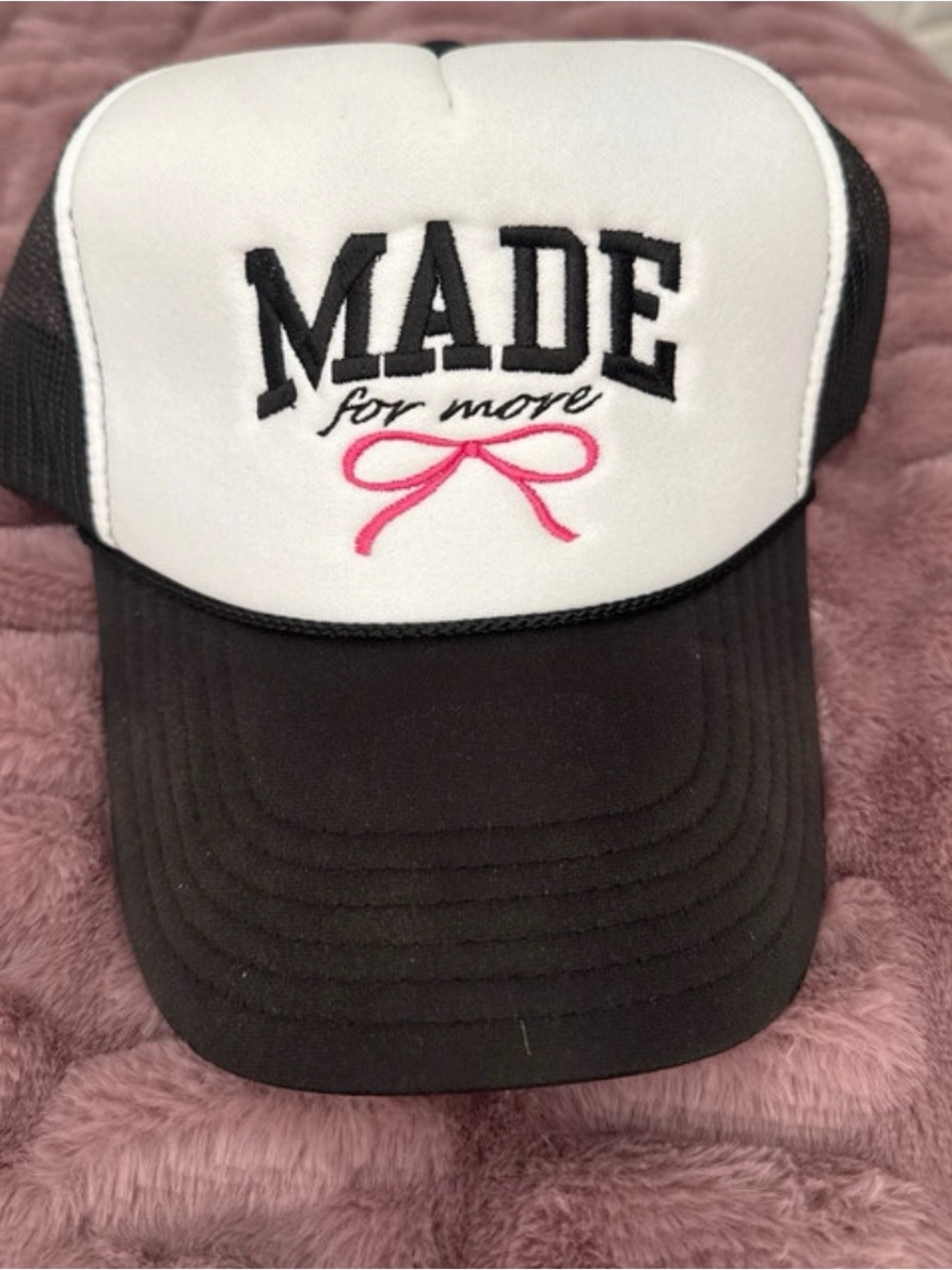 Black and White Trucker Hat with Pink Bow Accent Made For More
